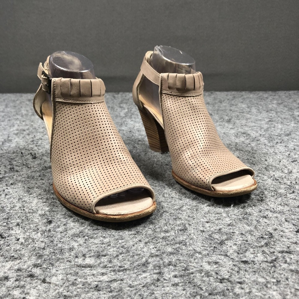 Paul Green Slingback Sandals Womens Size 9 Beige Leather Peep Toe Block Heel
